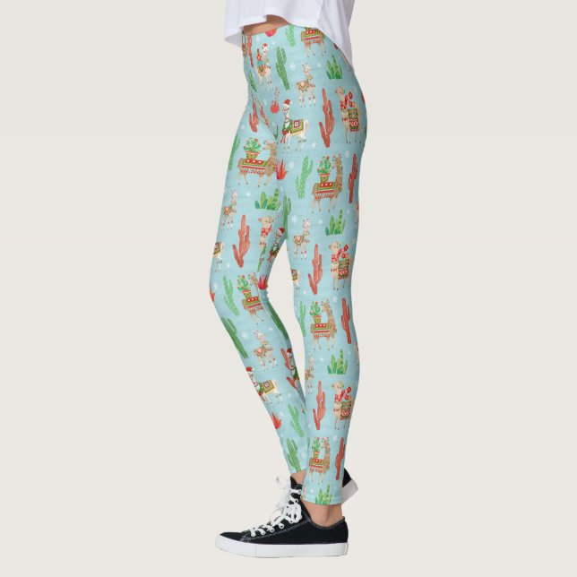 Reizendes Lama-Weihnachtslicht-aquamarines Muster Leggings (Links)