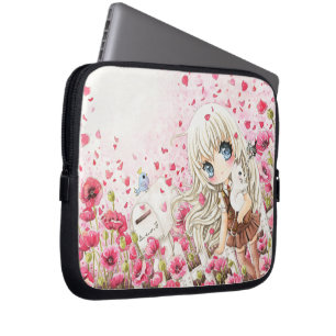 Reizendes Mädchen auf dem rosa Blumenfeld Laptopschutzhülle