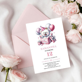 Reizendes Mädchen Geburtstags-Teddybär Rosa Luftba Einladung