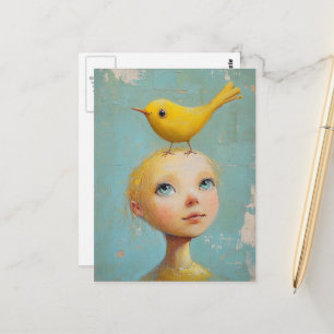 Reizendes Mädchen mit dem gelben Vogel auf dem Kop Postkarte
