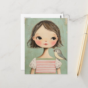 Reizendes Mädchen mit einem Vogel auf der Schulter Postkarte
