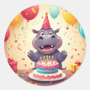 Reizendes Nilpferd feiert Geburtstag mit Kuchen Runder Aufkleber