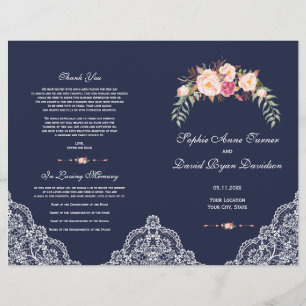 Reizendes Rosa Blumen-Spitze Marine-Hochzeitsprogr Flyer