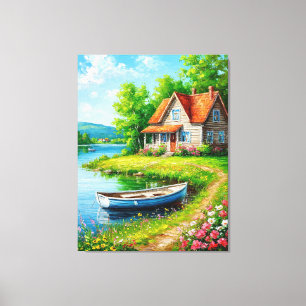 Reizendes Seecottage mit Boot Leinwanddruck