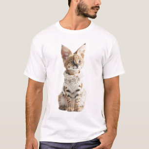 Reizendes Serval-Kätzchen in weißem Strickpullover T-Shirt