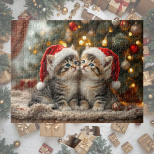 Reizendes Weihnachtskätzchen mit Weihnachtsmannmüt Puzzle