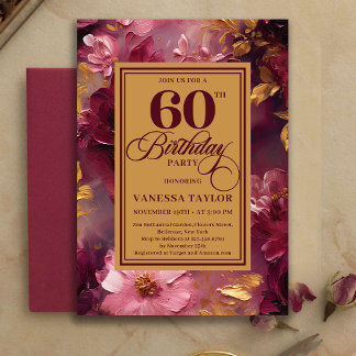 Reizvolle 60. Geburtstags Burgunder Rosen Goldene Einladung