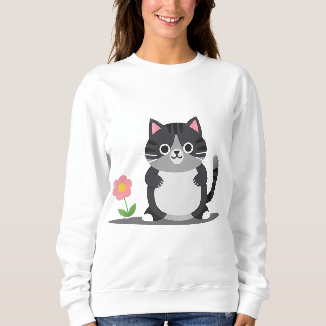 Reizvolle Cartoon-Katze mit Blume Sweatshirt (Vorderseite)