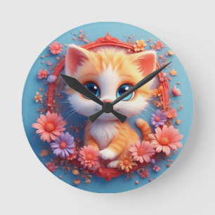 Reizvolle Cartoon-Katze umgeben von farbenfrohen B Runde Wanduhr