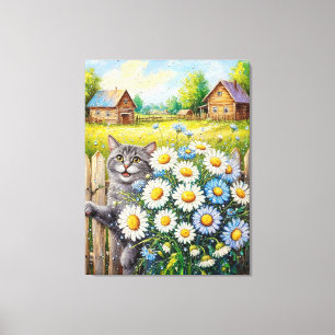 Reizvolle Cottage-Szene mit Katze und Gänseblümche Leinwanddruck