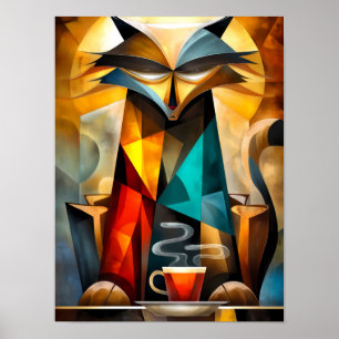 Reizvolle Katze – Kubistischer Philosoph mit Kaffe Poster