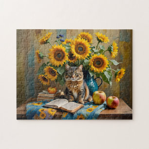 Reizvolle Katze mit Sonnenblumenstrauß Puzzle