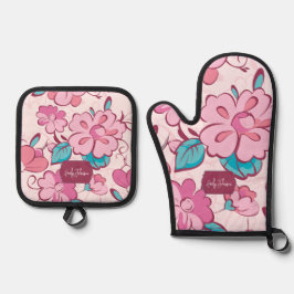 Reizvolle rosa Blumenküche mit individuellem Namen Ofenhandschuh & Topflappen-Set