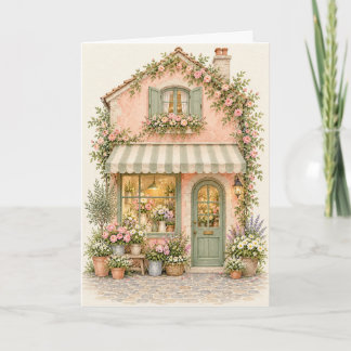 Reizvolle rosa Blumenladen-Cottage-Grußkarte Karte