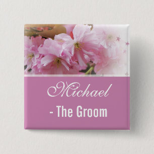 Reizvolle rosa Kirschblüten Hochzeit Bräutigam Button
