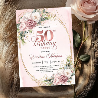 Reizvolle Roségold-Blush-Blumen 50. Geburtstagsfei Einladung