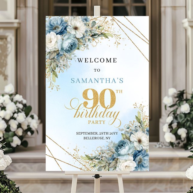 Reizvolle staubblaue Blumen im goldenen Rahmen zum Poster (Charming dusty blue florals gold frame 90th birthday

)
