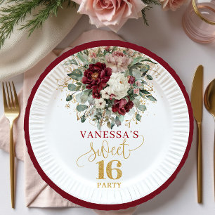 Reizvolle Sweet 16 Blush Burgunder Florale Papierp Pappteller