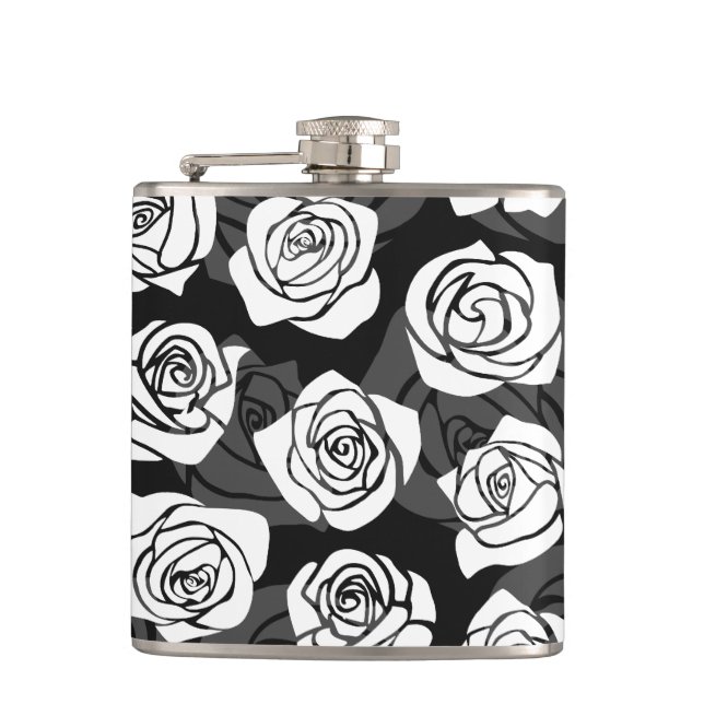 Reizvolle Vintage-Schwarze und weiße Rosen Flachmann (Vorderseite)