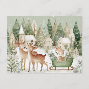 Reizvolle Winterlandschaft mit Tieren. Niedlich. Feiertagspostkarte