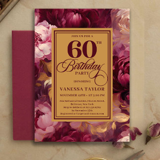 Reizvoller Burgunder-Roségold-Stil 60. Geburtstag Einladung