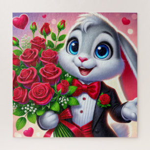 Reizvolles Cartoon-Kaninchen mit Rosen Puzzle