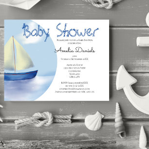 Reizvolles kleines blaues Segelboot-Baby-Shower pe Einladung
