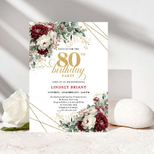 Reizvolles Marsala Floral Eucalyptus Gold 80 Gebur Einladung