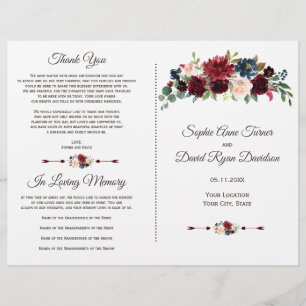 Reizvolles Merlot-Navy-Blau-Floral-Hochzeitsprogra