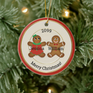 Reizvolles Paar-Zuckerbäckchen-Ornament mit Jahr Keramik Ornament