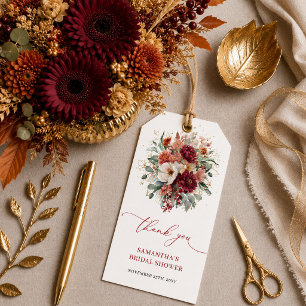 Reizvolles, tiefrotes, florales Herbst-Hochzeitsdu Geschenkanhänger