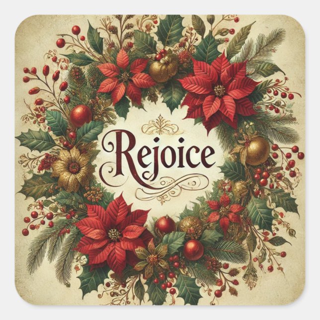 REJOICE VINTAGE CHRISTMAS POINSETTIA RELIGIOUS QUADRATISCHER AUFKLEBER (Vorderseite)