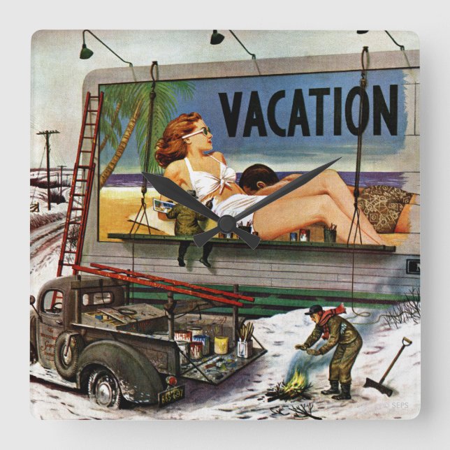 Reklametafeln im Winter von Stevan Dohanos Quadratische Wanduhr (Vorderseite)