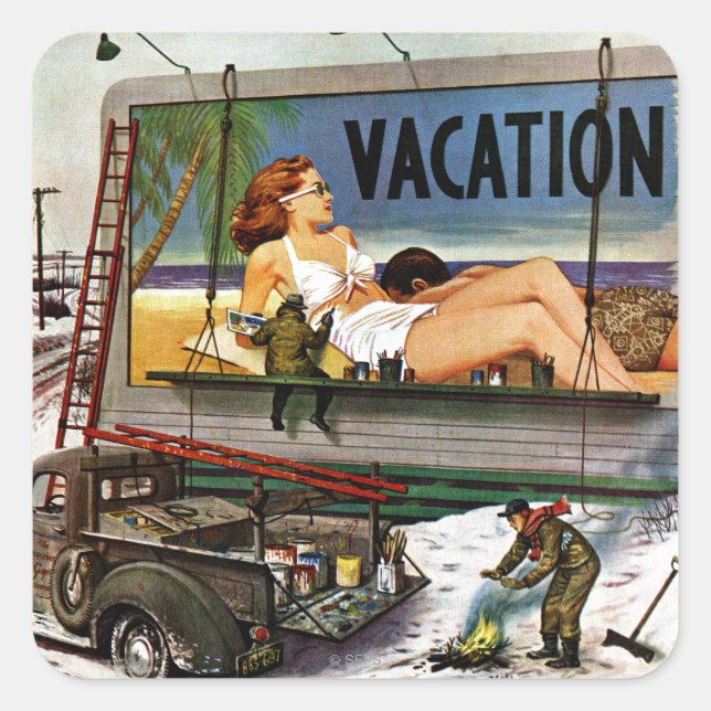 Reklametafeln im Winter von Stevan Dohanos Quadratischer Aufkleber (Vorderseite)