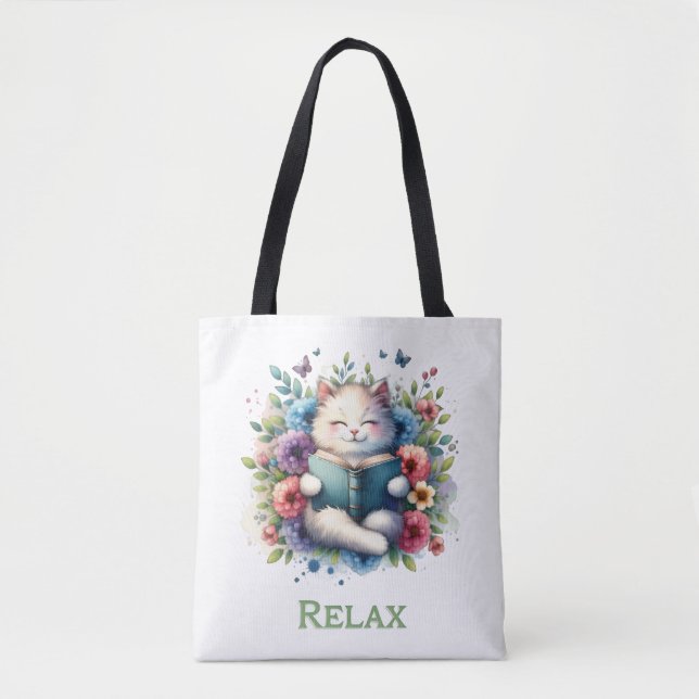 “Relax” cat reading tote bag (Vorderseite)