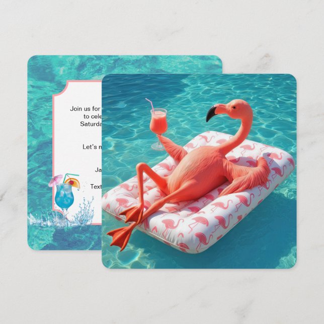 Relaxing Flamingo Floating On a Pool Mattress Einladung (Vorne/Hinten)