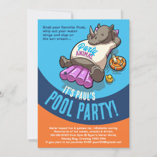 Relaxter Rhino auf aufblasbarem Pool Party Cartoon Einladung