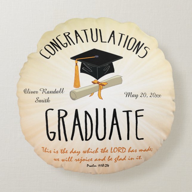 Religiöse Abschluss Gold Sternexplosion mit Black  Rundes Kissen (Vorderseite)