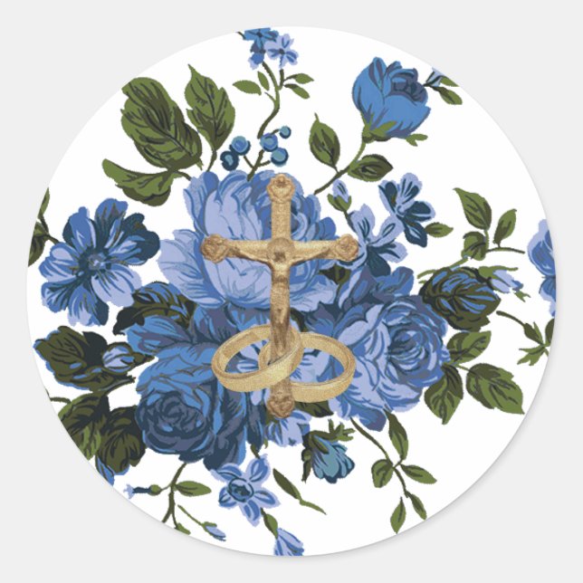 Religiöse blaue Rose Blumengold Crucifix Runder Aufkleber (Vorderseite)