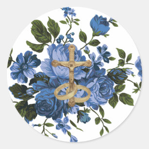 Religiöse blaue Rose Blumengold Crucifix Runder Aufkleber