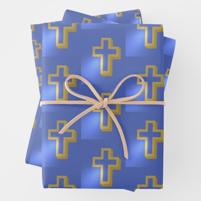 Religiöse Christliche Golden Cross Lilac Blue Oast Geschenkpapier Set (Beispiel)