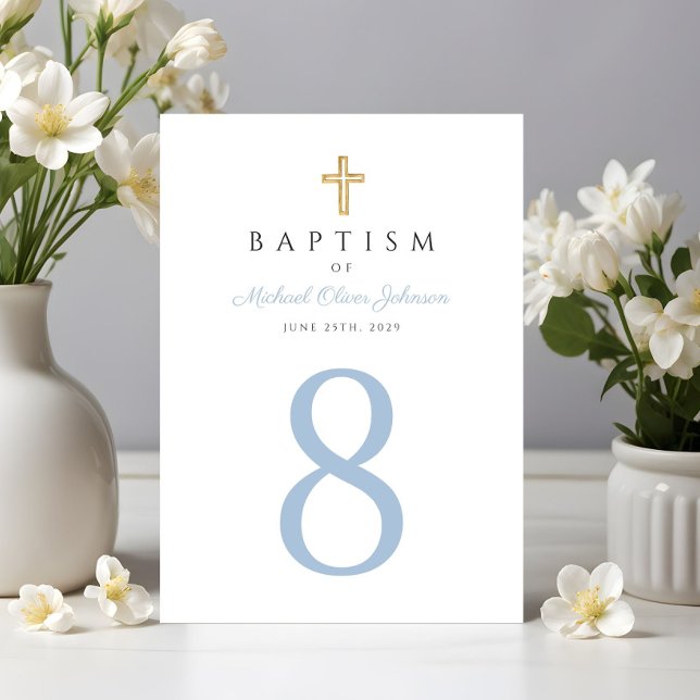 Religiöse Cross Baby Blue Boy Taufe Tischnummer (Baby Blue Script Religious Cross Boy Baptism Table Number)