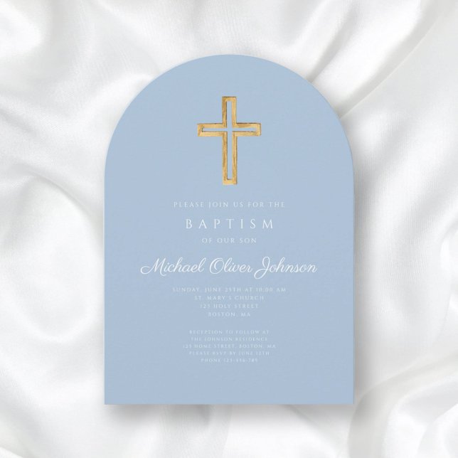 Religiöse Cross Baby Blue Script Boy Taufe Arch Einladung (Religious Cross Baby Blue Script Boy Baptism Arch Invitation)