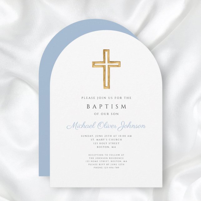 Religiöse Cross Baby Blue Script Boy Taufe Arch Einladung (Religious Cross Baby Blue Script Boy Baptism Arch Invitation)