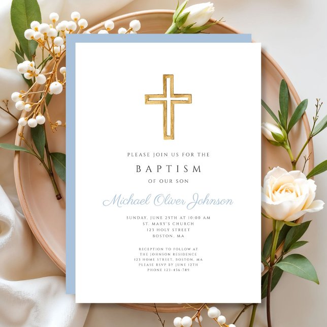 Religiöse Cross Baby Blue Script Boy Taufe Einladung (Religious Cross Baby Blue Script Boy Baptism Invitation)