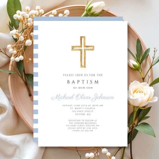 Religiöse Cross Baby Blue Script Boy Taufe Einladung (Religious Cross Baby Blue Script Boy Baptism Invitation)