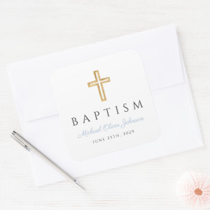 Religiöse Cross Baby Blue Script Boy Taufe Quadratischer Aufkleber
