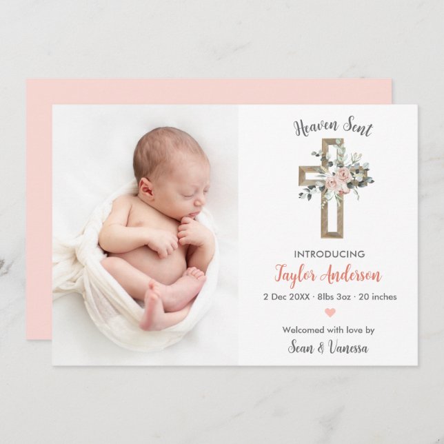 Religiöse Cross Birth Announcement Foto Card Rosa Ankündigung (Vorne/Hinten)