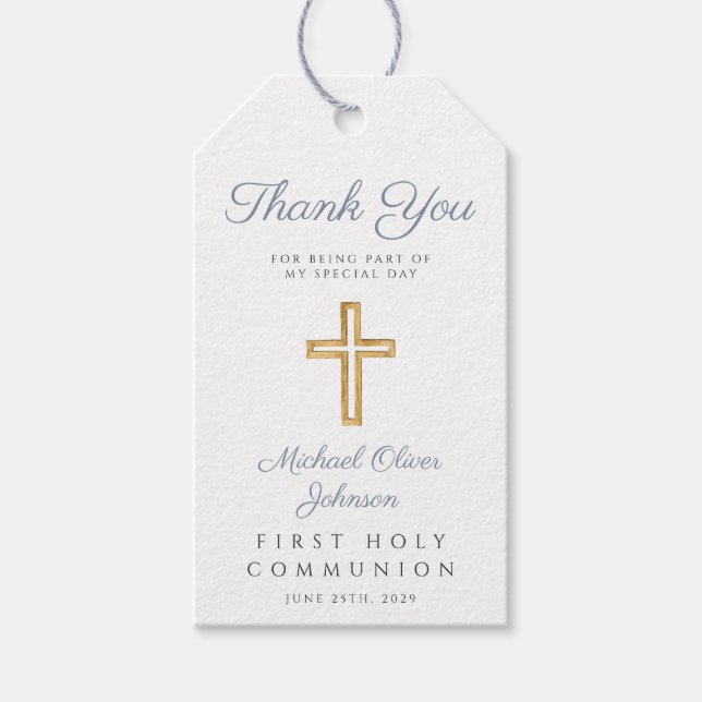 Religiöse Cross Boy Blue Stripes erste Kommunion Geschenkanhänger (Vorderseite)