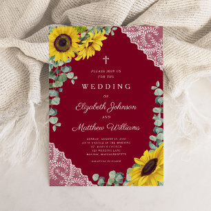 Religiöse Cross Burgundy Lace Sunflower Wedding Einladung